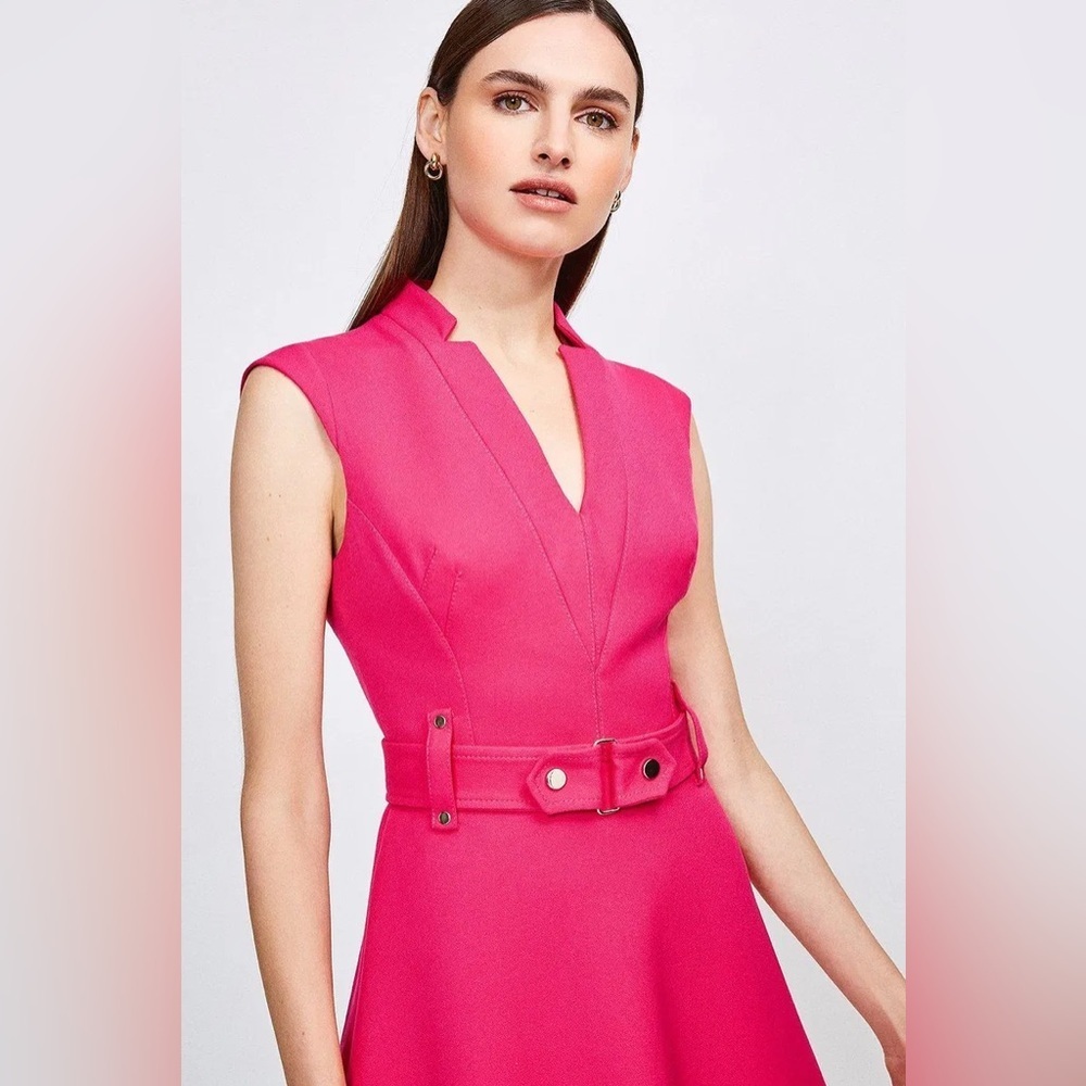 Karen Millen Forever Cinch Waist Cap A-Line Dress In Pink NWT Size US 10, UK 14 - Picture 3 of 12